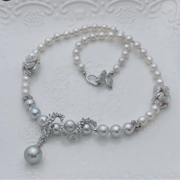 X483 Handmade Akoya Sea Pearl Freshwater Baroque Pearl Necklace